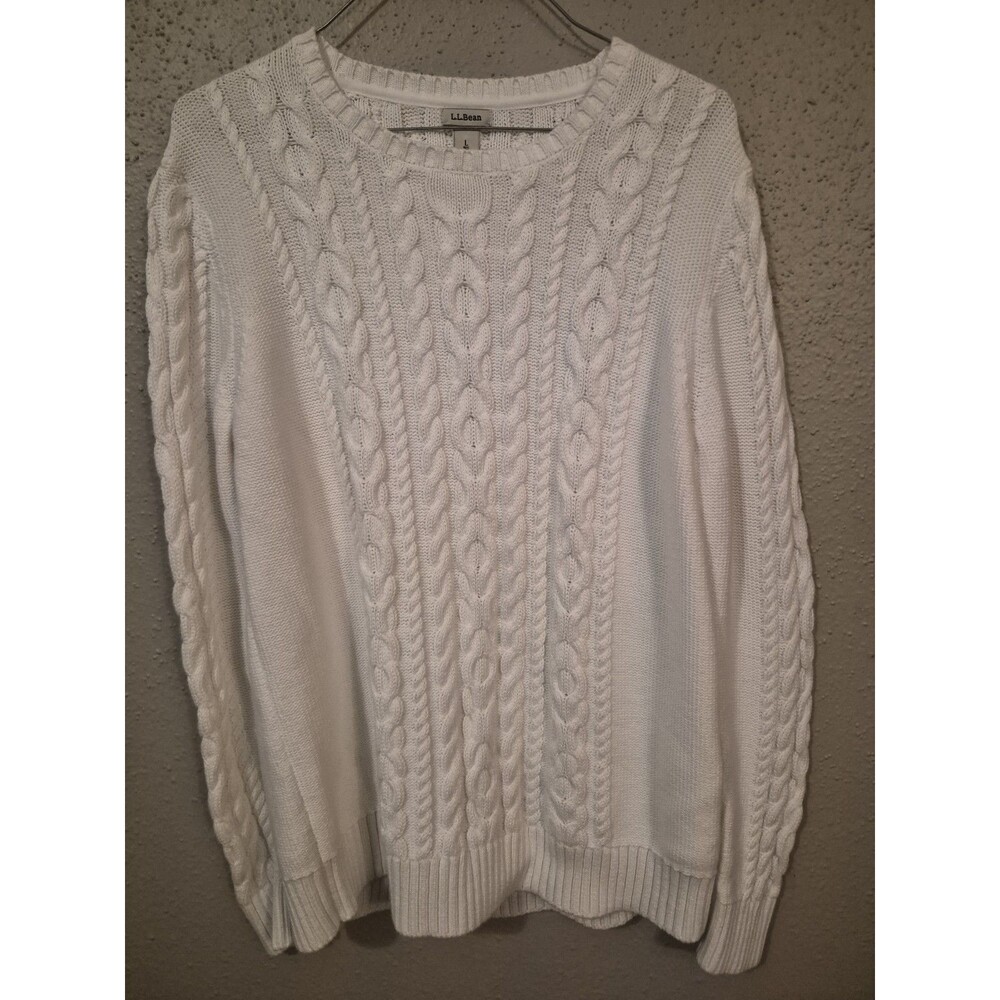 LL Bean Women's L Fisherman Double Cable Knit Classic White Sweater Preppy